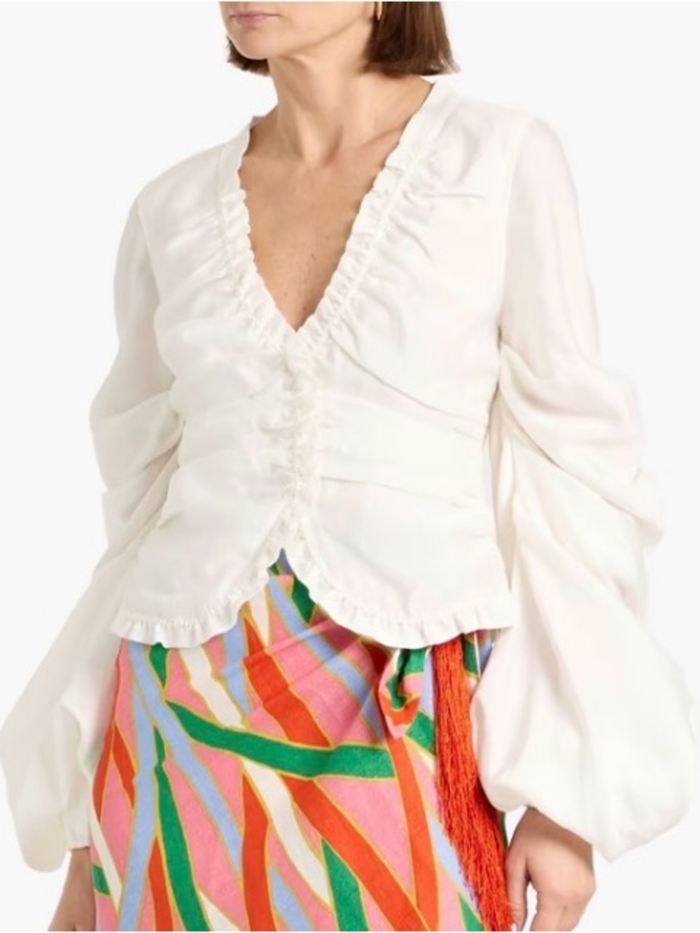 cult gaia White Ruffled V-Neck Long-Sleeve Blouse Size 8